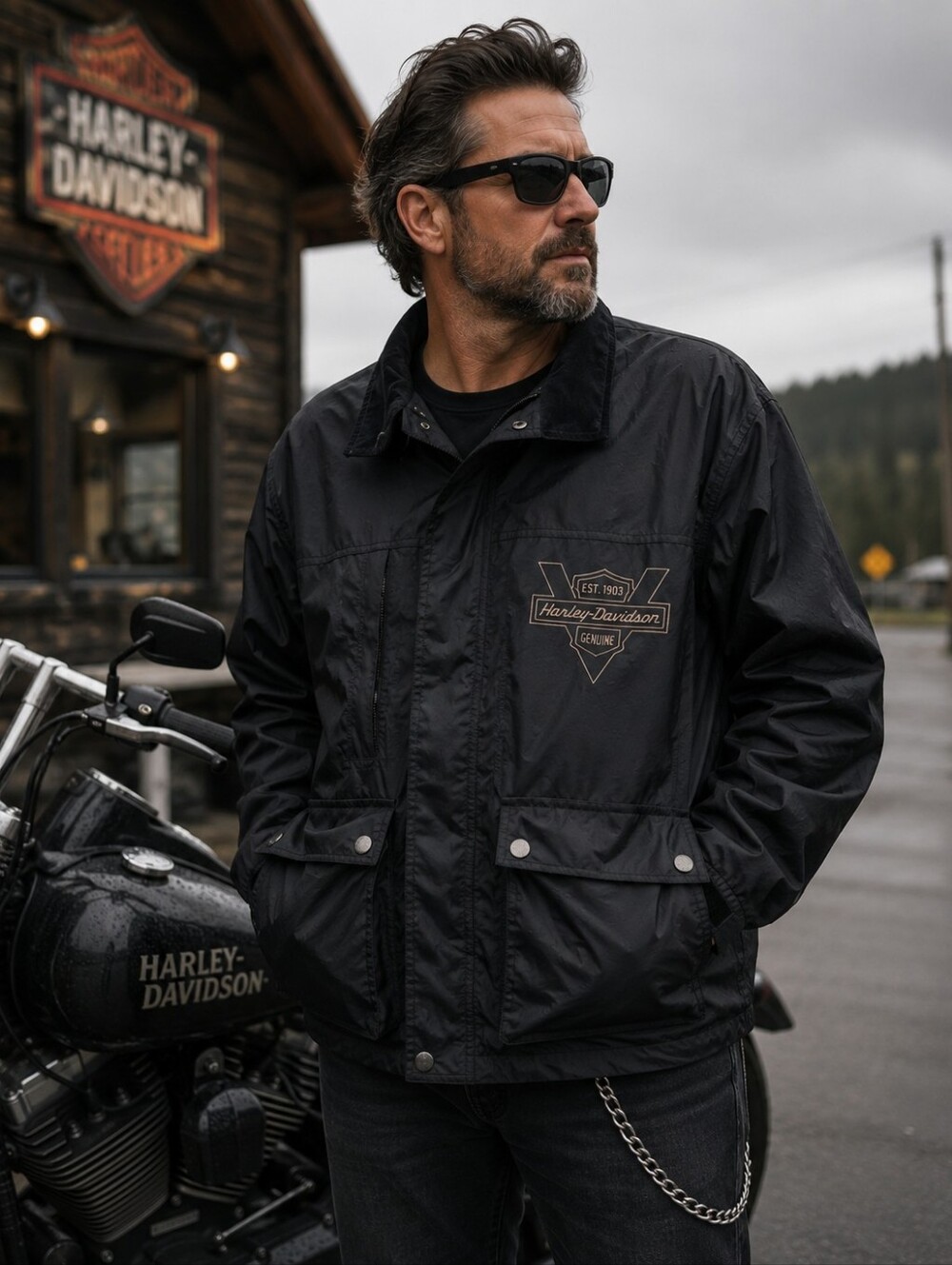 Harley-Davidson Black Windbreaker Waterproof Nylon Jacket. Large.